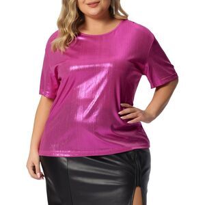 Plus Size Blouse Metallic Round Neck Short Sleeve T-Shirt Tee Tops Hot Pink